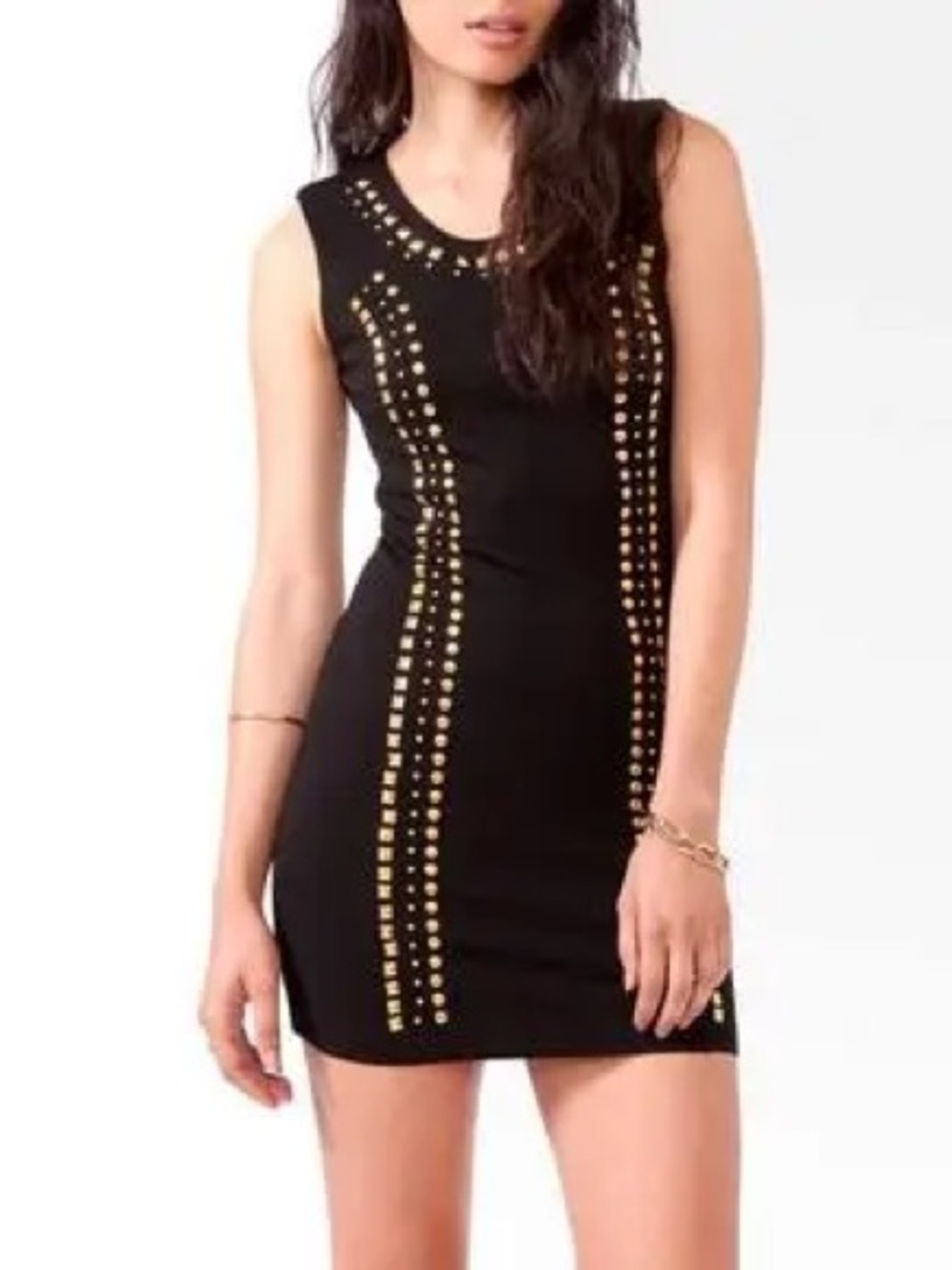 Forever 21 Juniors' Size Small Black Bodycon Mini Dress with Bronze Stud Accents